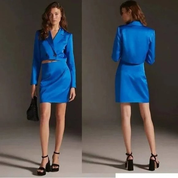 Anthropologie X Mare Mare Blue Satin Blazer and Mini Skirt Set in Small NWT - Picture 1 of 15